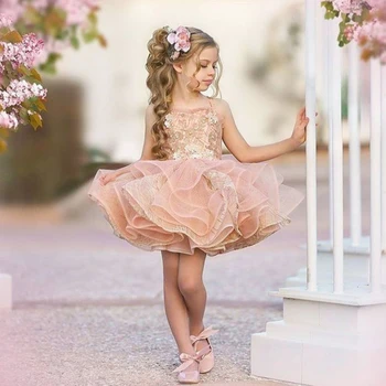 Pink Gėlių Mergaičių Suknelės Tiulio Rankovių Appliques Viršų Ir Reljefiniai Hem Tinka Vestuves Gimtadienis Princesė Chalatai